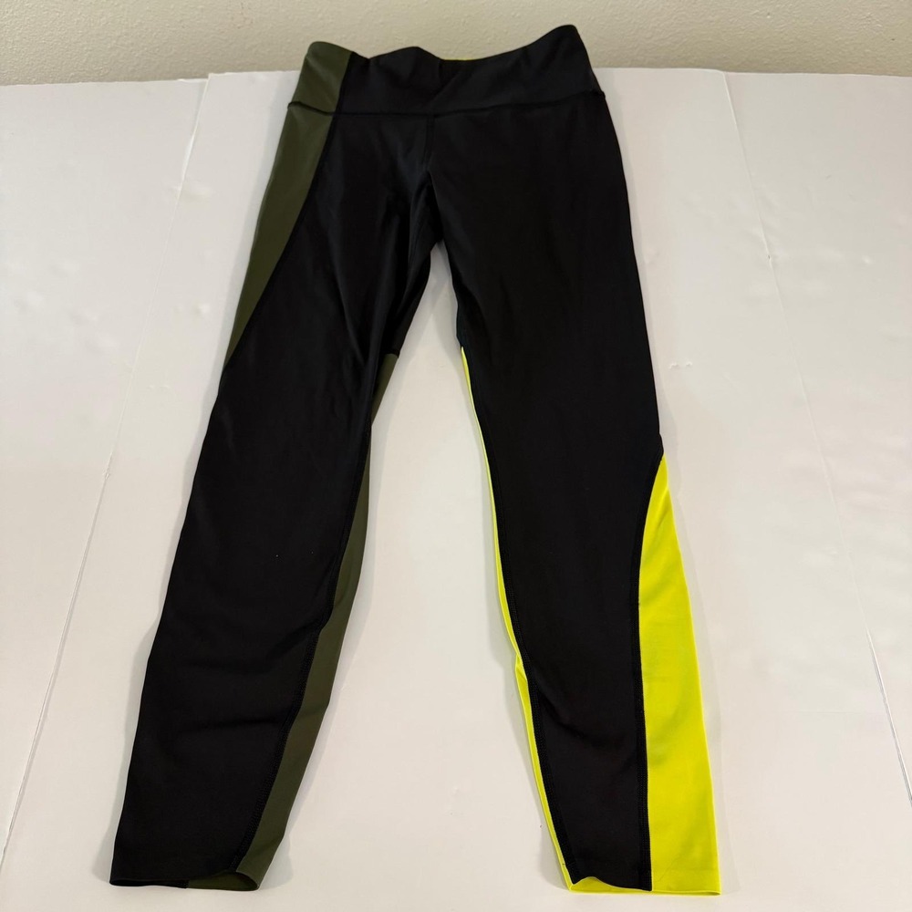 Athleta Asym Colorblock Tight Womens Small Black Green Neon Yellow Leggings